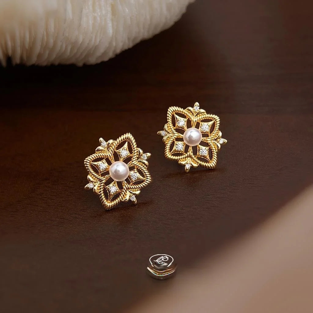 Light Luxury Copper Micro Pave Zircon Geometric Hollow Iris Flower Stud Earrings