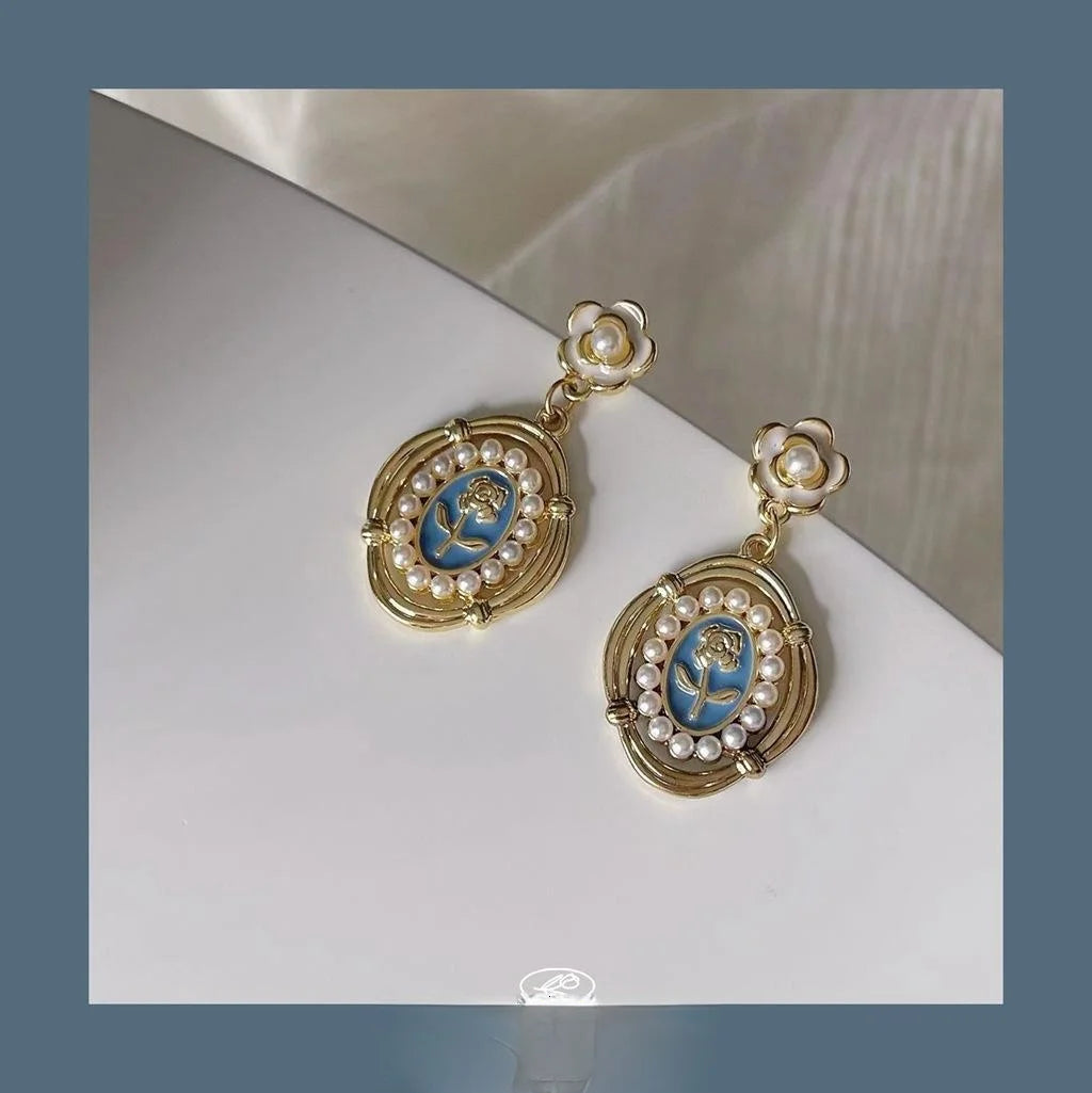 14K Gold Plated Copper Blue Flower Stud Earrings Retro Hong Kong Style Jewelry