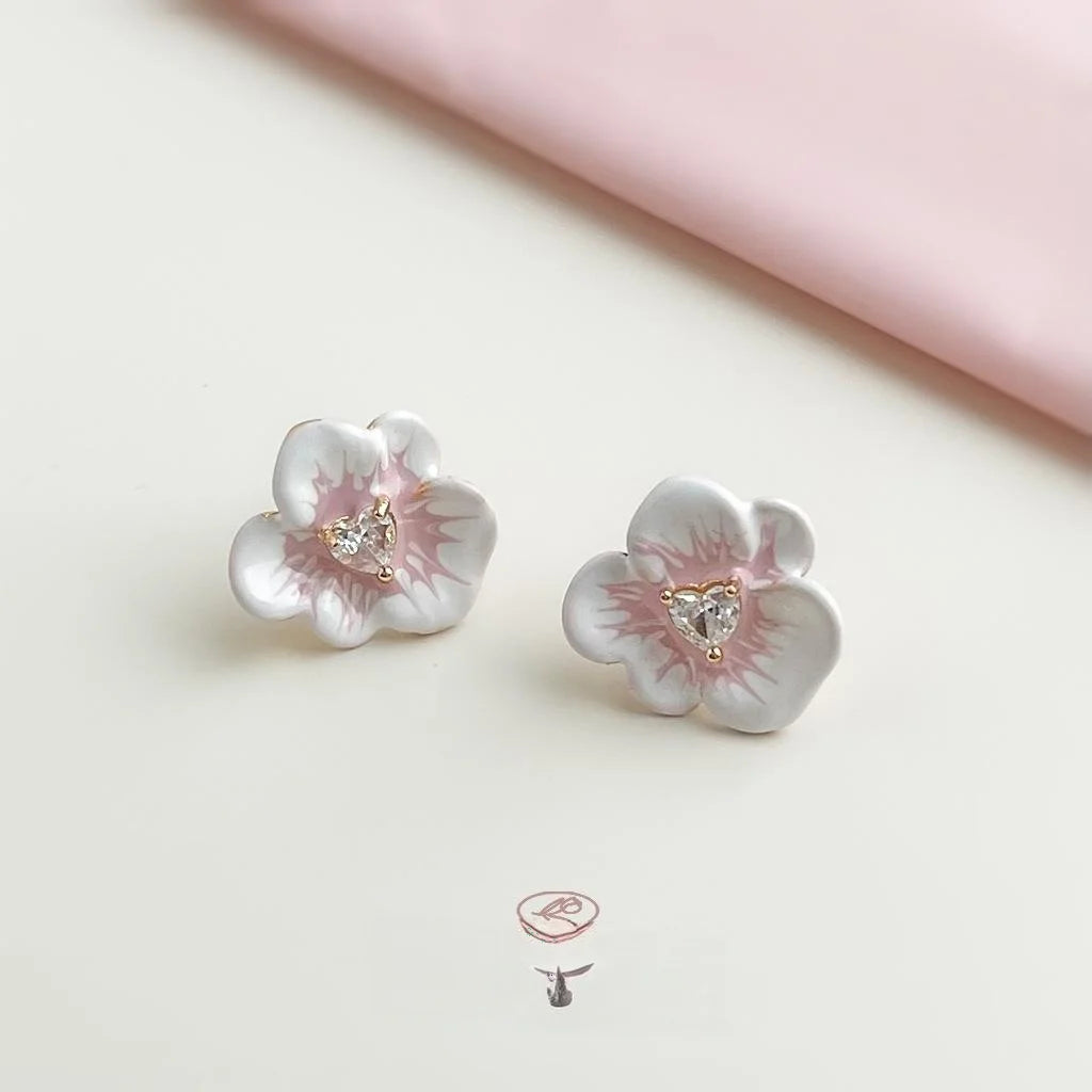 Sweet Enamel 3D Flower Stud Earrings Copper Micro Pave Zircon Office Jewelry