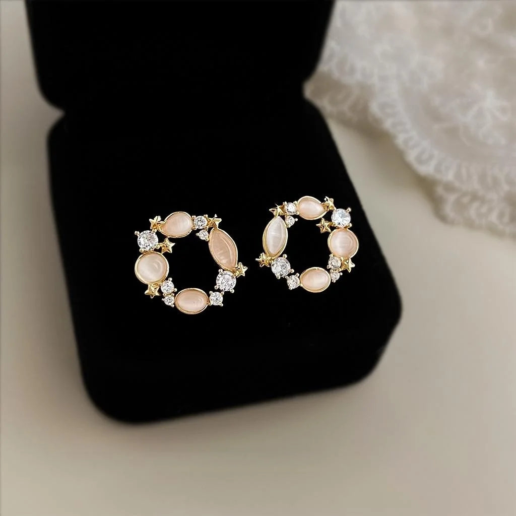 14K Plated Eco Copper Glass Cat Eye Flower Stud Earrings Micro Pave Zircon Light Luxury Jewelry