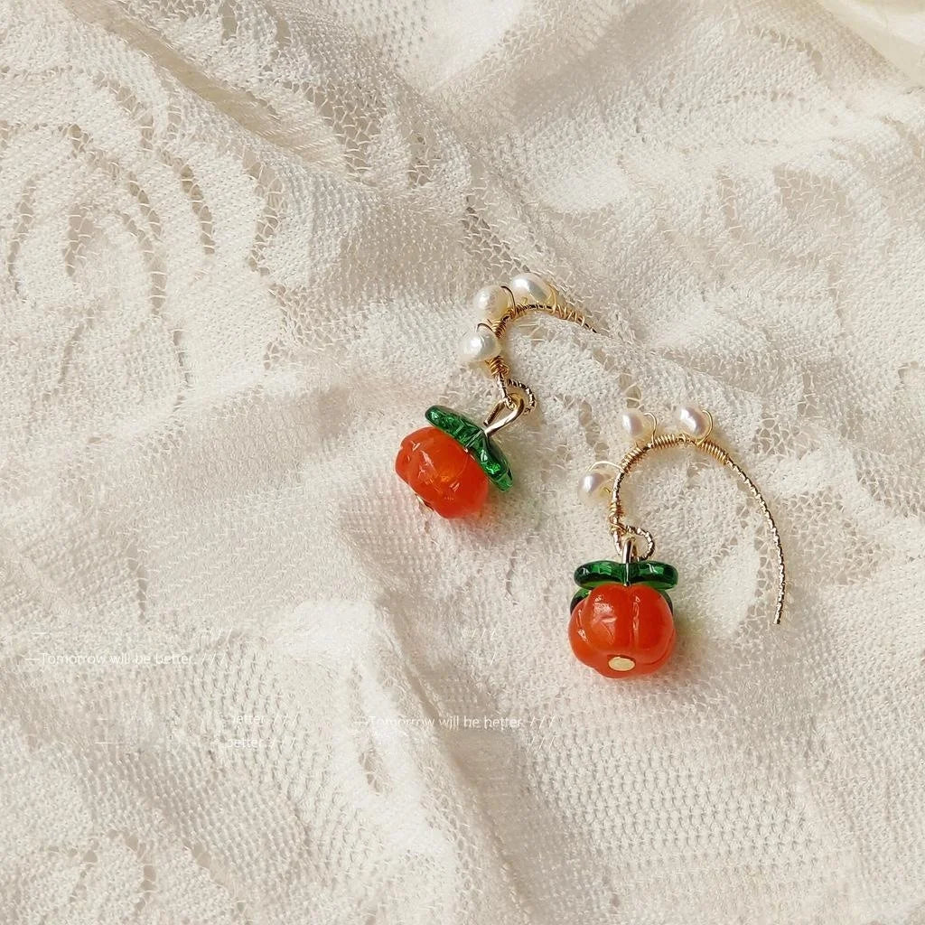 Vintage New Chinese Handmade Glass Persimmon Freshwater Pearl Drop Earrings Autumn Fruit Jewelry