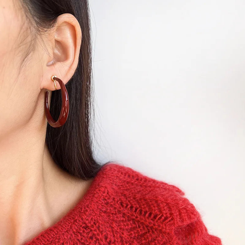 Vintage Red Enamel Spiral Hoop Stud & Clip On No Piercing Alloy Fall Winter Statement Earrings