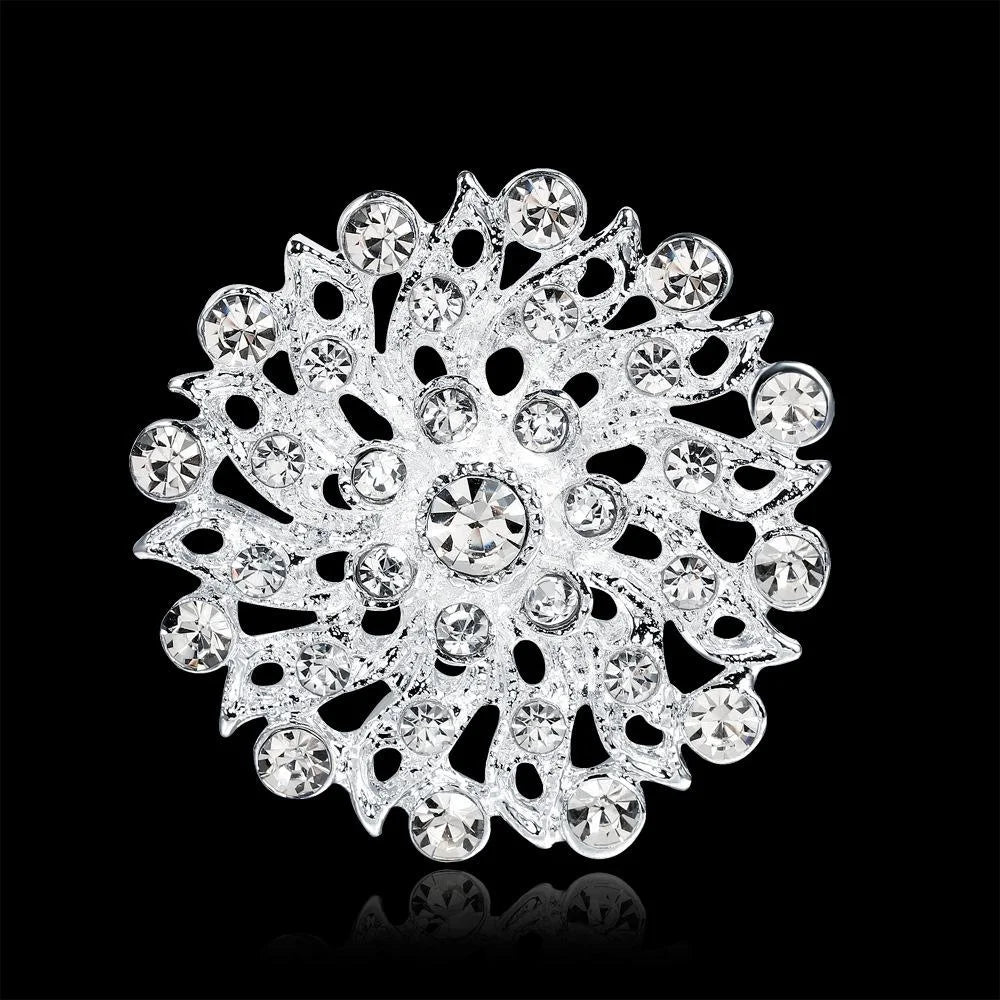 Elegant Silver Alloy Rhinestone Hollow Heart Flower Brooch For Women Lapel Pin Corsage Suit Accessory