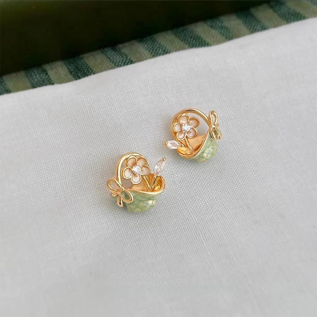 Pastoral Floral Basket Hand Painted Enamel Copper Zircon Stud Earrings