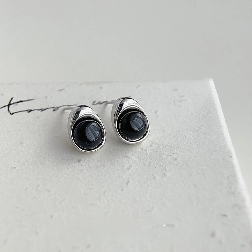 Black Agate Geometric Teardrop Stud Earrings For Women, Copper Minimalist Versatile Jewelry