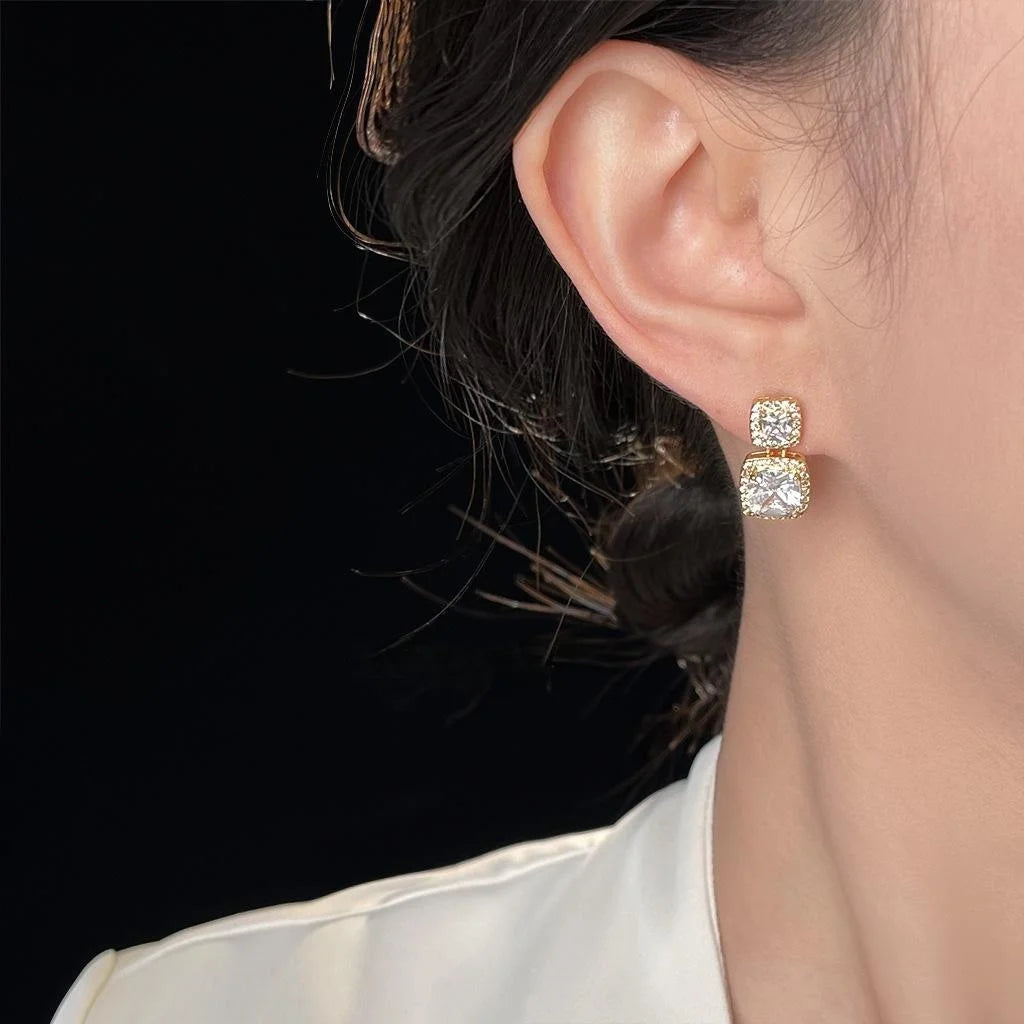 14K Plated Copper Zircon Geometric Square Stud Earrings Korean Minimalist Sparkly Jewelry
