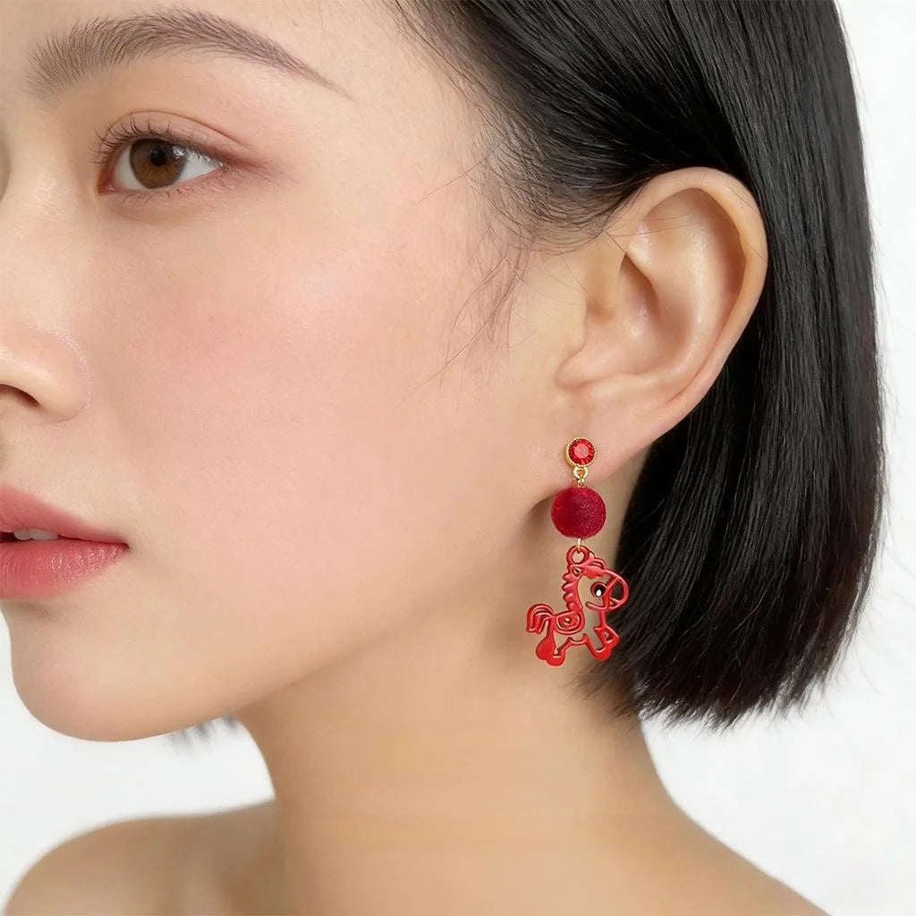 Guochao Red Horse Paper Cut Lacquer Enamel Rhinestone Drop Earrings For Women
