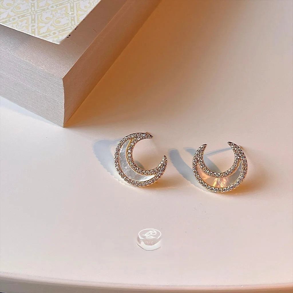 14K Gold Plated Copper Natural Shell Moon Star Micro Pave Zircon Luxury Stud Earrings