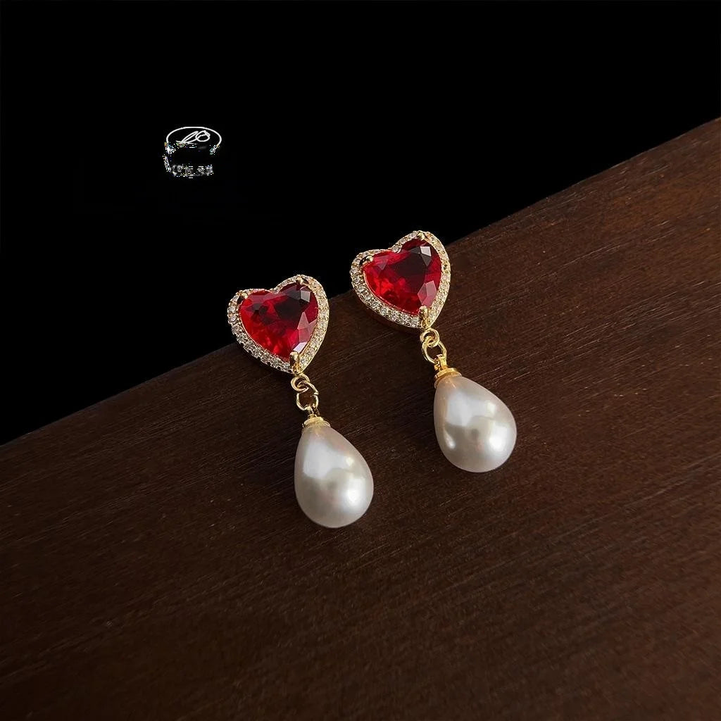 French Vintage Copper Drop Earrings Micro Pave Zircon Burgundy Heart Teardrop Pearl