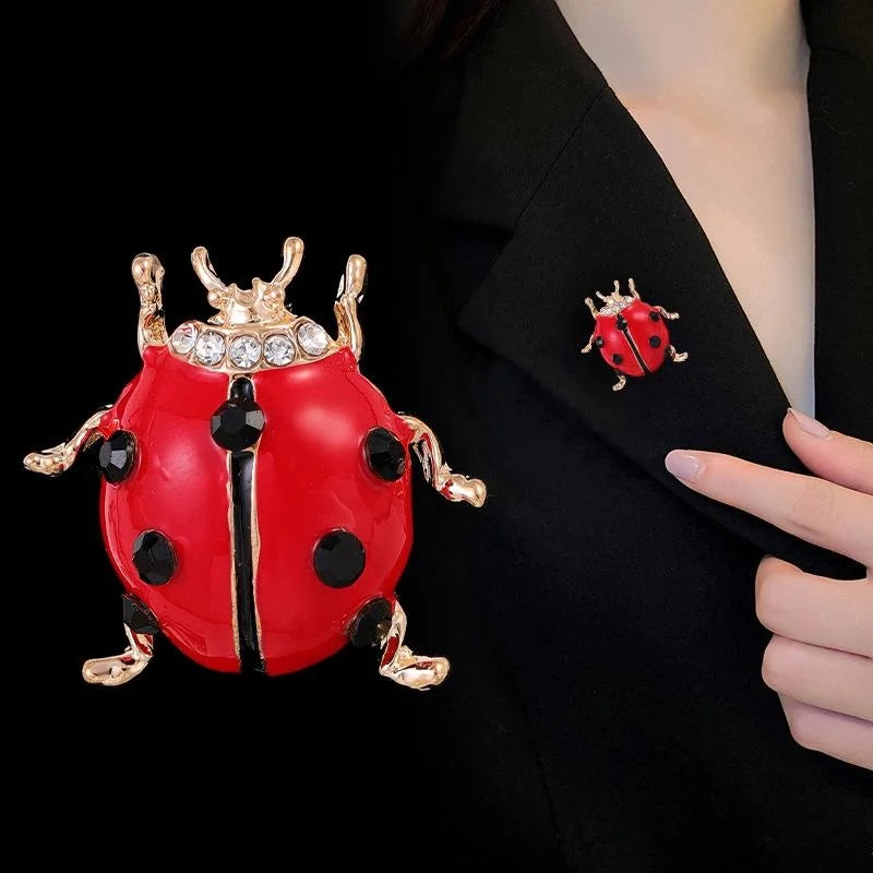 Cute Red Enamel Ladybug Brooch With Rhinestone Accents, Gold Tone Alloy Lapel Pin Corsage Gift