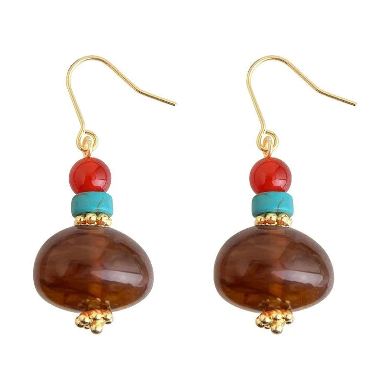 Vintage Maillard Style Handmade Teardrop Drop Earrings With Copper, Red Agate And Turquoise Resin