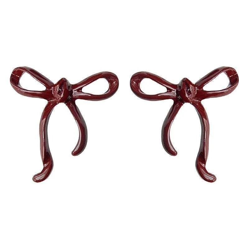 Burgundy Enamel Bow Drop Earrings Copper Fashion OL Jewelry