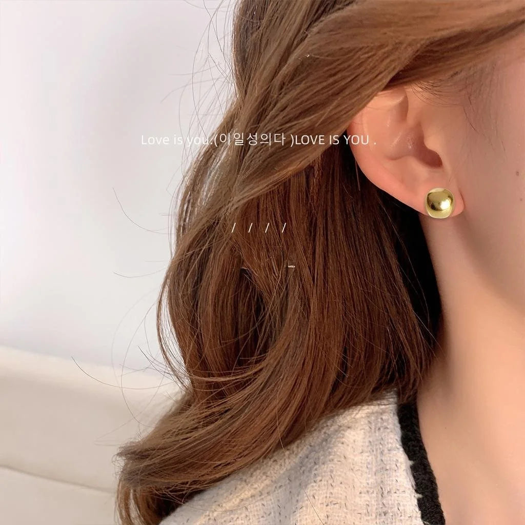 Vintage Matte Gold Bean Copper Stud Earrings For Women Geometric Round Commuter Jewelry