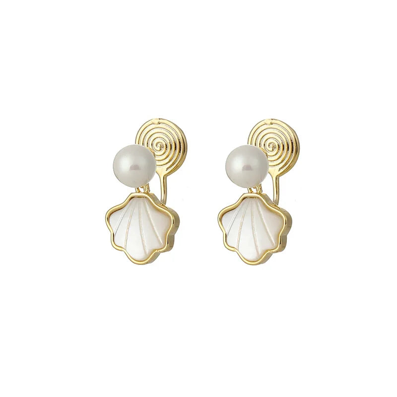 Elegant Pearl Shell Spiral Alloy Stud & Clip On No Piercing Sweet Mermaid Scallop Drop Earrings