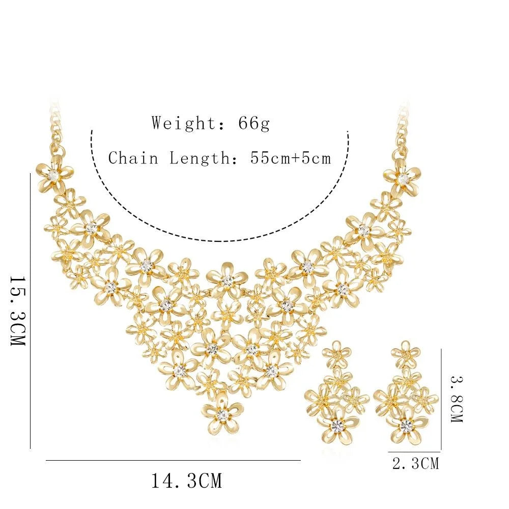 Elegant Gold Alloy Floral Rhinestone Necklace Earrings Jewelry Set For Wedding Party Banquet Gift
