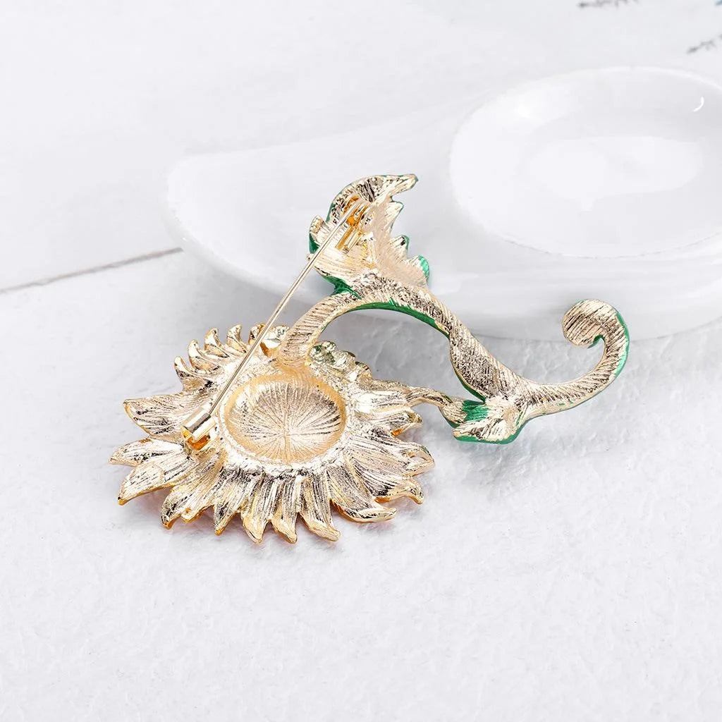 Elegant Enamel Alloy Sunflower Flower Brooch With Green Stem, Floral Lapel Pin Corsage Gift