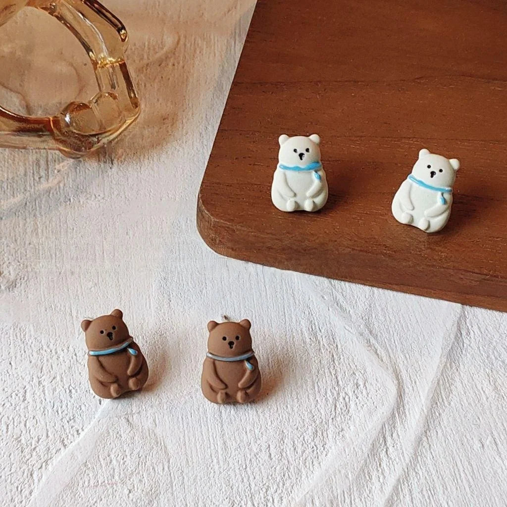 Cute Enamel Bear Alloy Stud Earrings With Silver Plated Pins, Korean Style Jewelry
