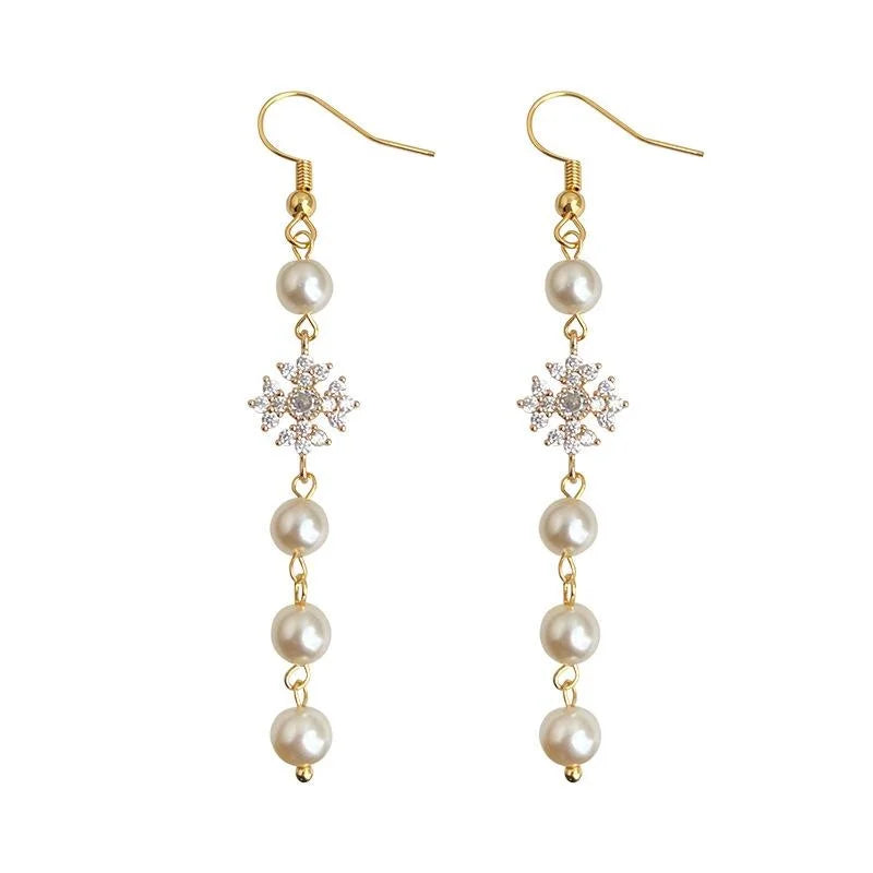 French Style Copper Zircon Micro Pave Glass Pearl Tassel Geometric Drop Earrings