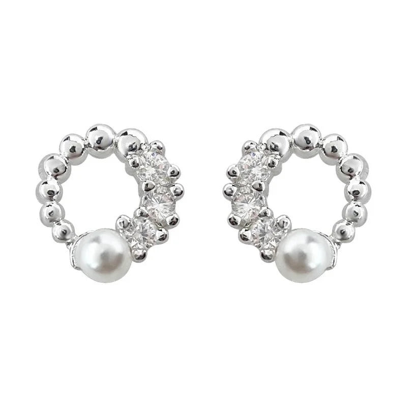 Tiny Silver Plated Micro Pave Zircon Geometric Round Stud Earrings Cute Minimalist Jewelry
