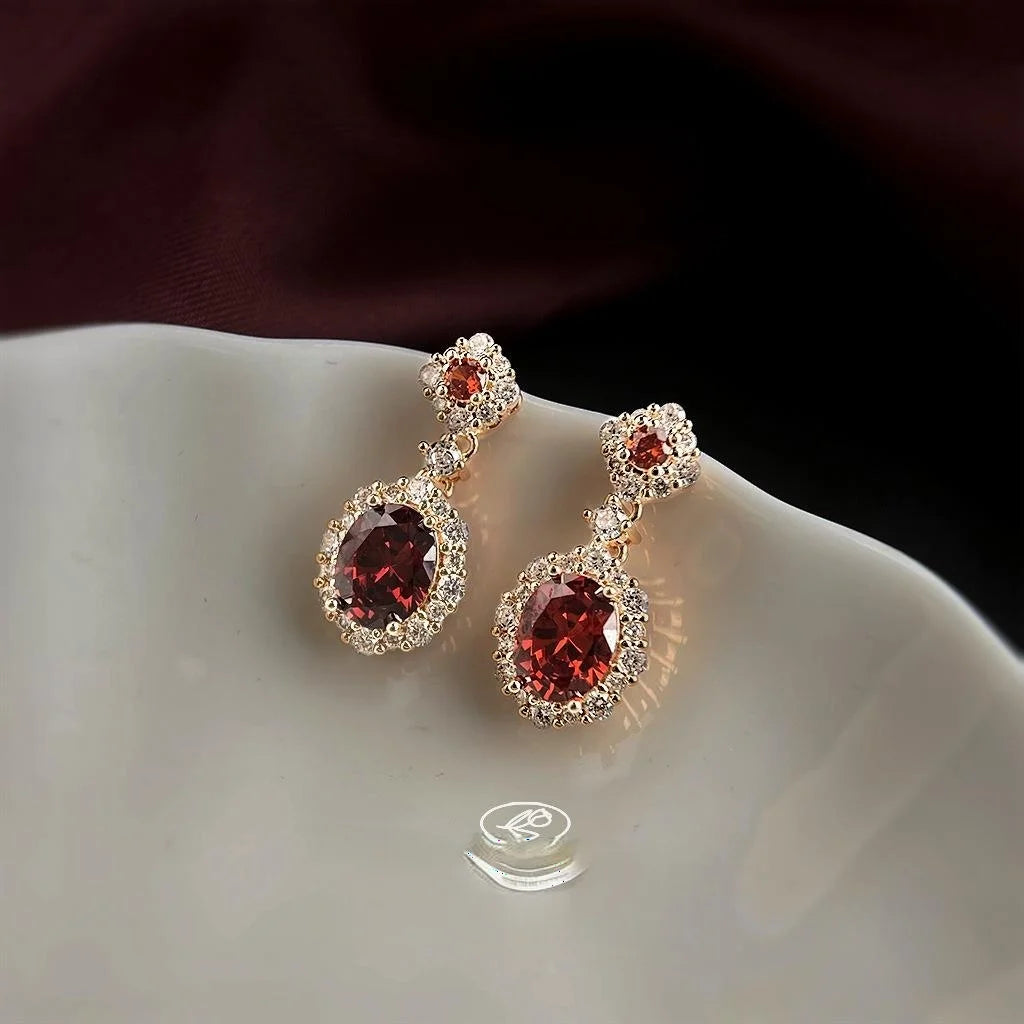 Vintage Court Style Burgundy Zircon Geometric 14K Plated Copper Drop Earrings