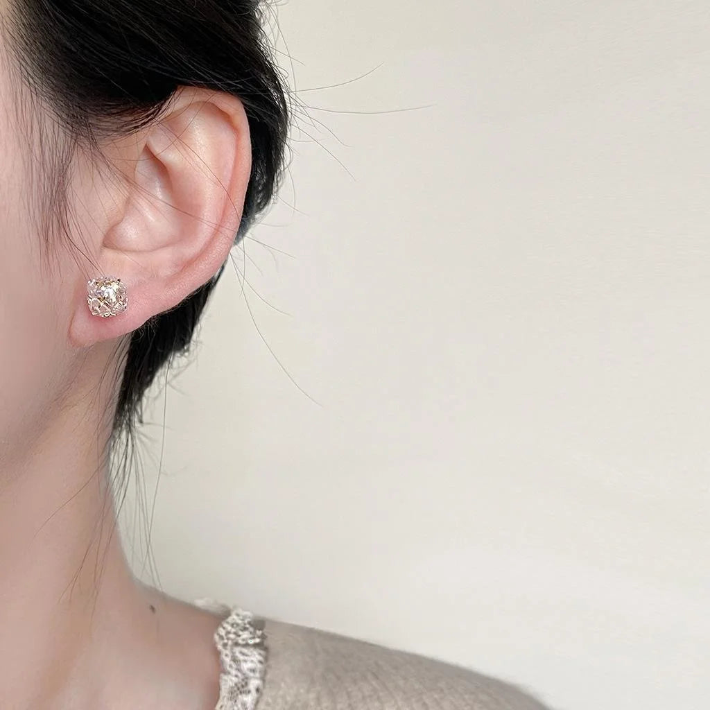 14K Plated Copper Round Geometric Zircon Stud Earrings Light Luxury Style