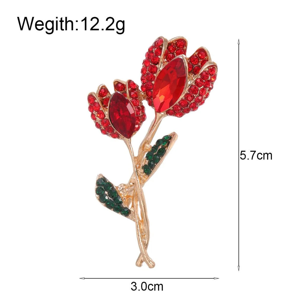 Luxury Red Rhinestone Tulip Flower Brooch, Gold Tone Alloy Floral Lapel Pin Corsage Gift For Women
