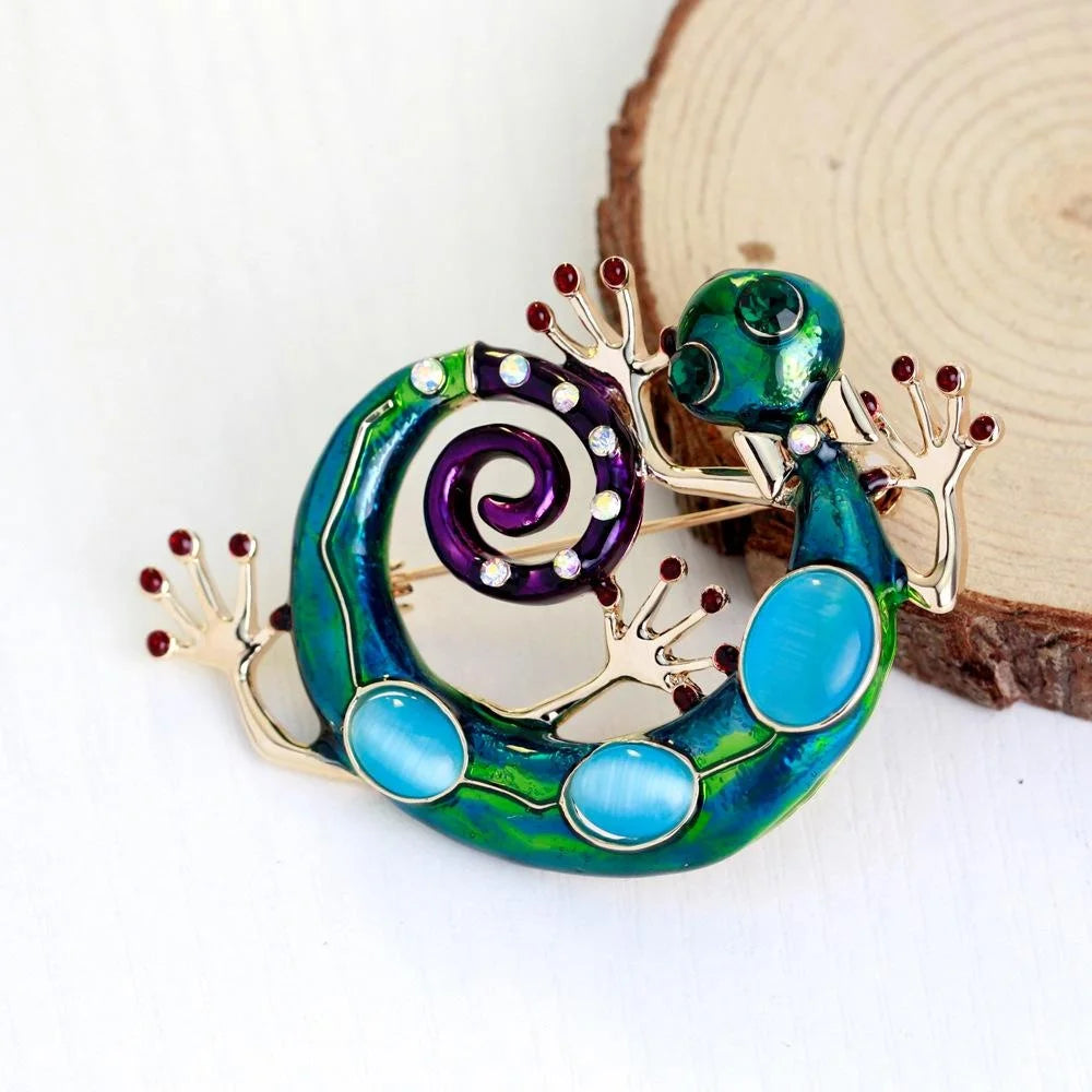 Luxury Enamel Gecko Lizard Brooch With Rhinestones, Alloy Animal Lapel Pin Corsage Suit Accessory Gift