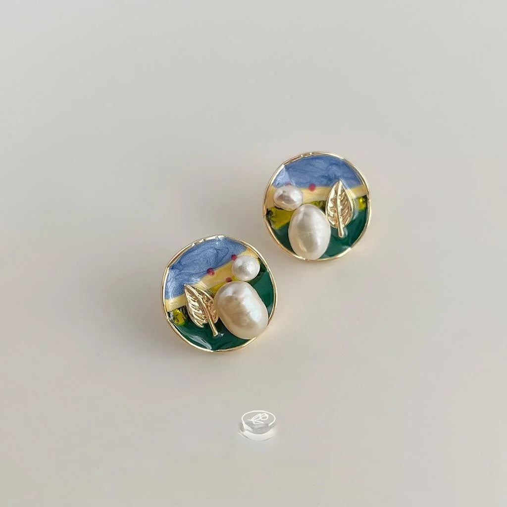 14K Gold Plated Baroque Freshwater Pearl Stud Earrings Irregular Round Geometric Oil Painting Texture