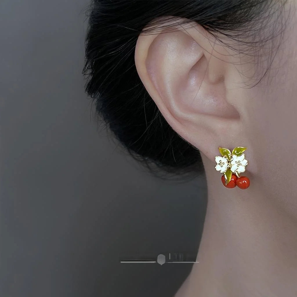 Pastoral Drip Enamel Cherry Flower Copper Stud Earrings