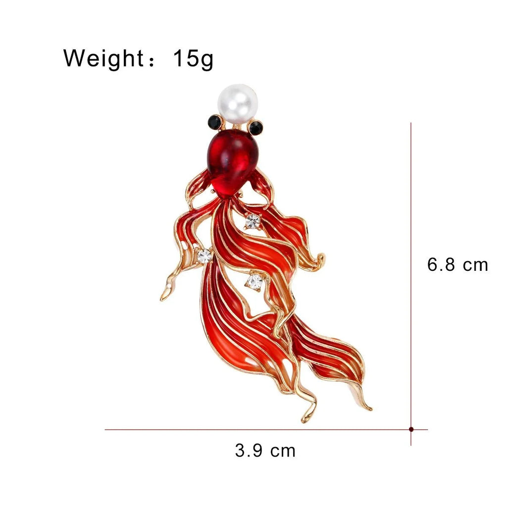 Elegant Red Enamel Koi Goldfish Brooch With Pearl And Rhinestone Accents, Luxury Lapel Pin Gift