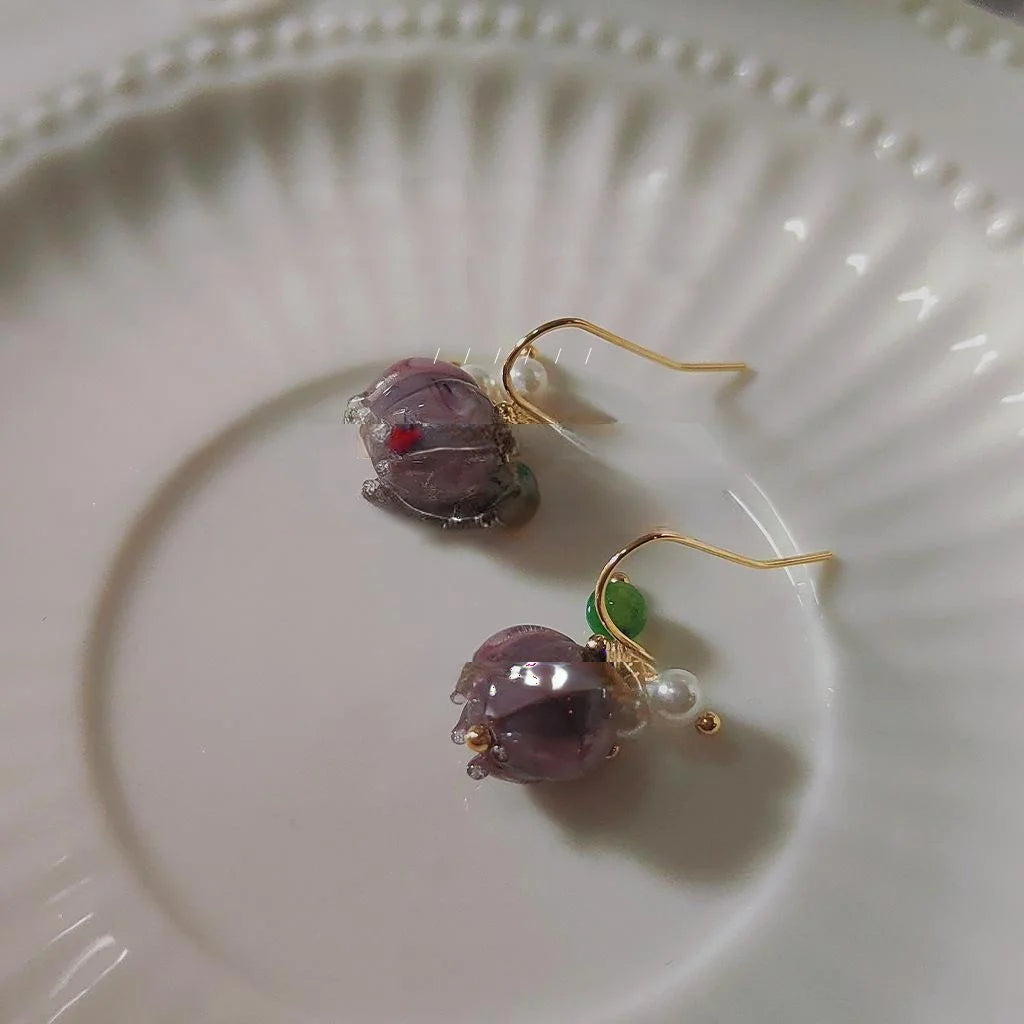 Handmade Lotus Glass Drop Earrings Copper Water Lily Floral Niche Design Jewelry