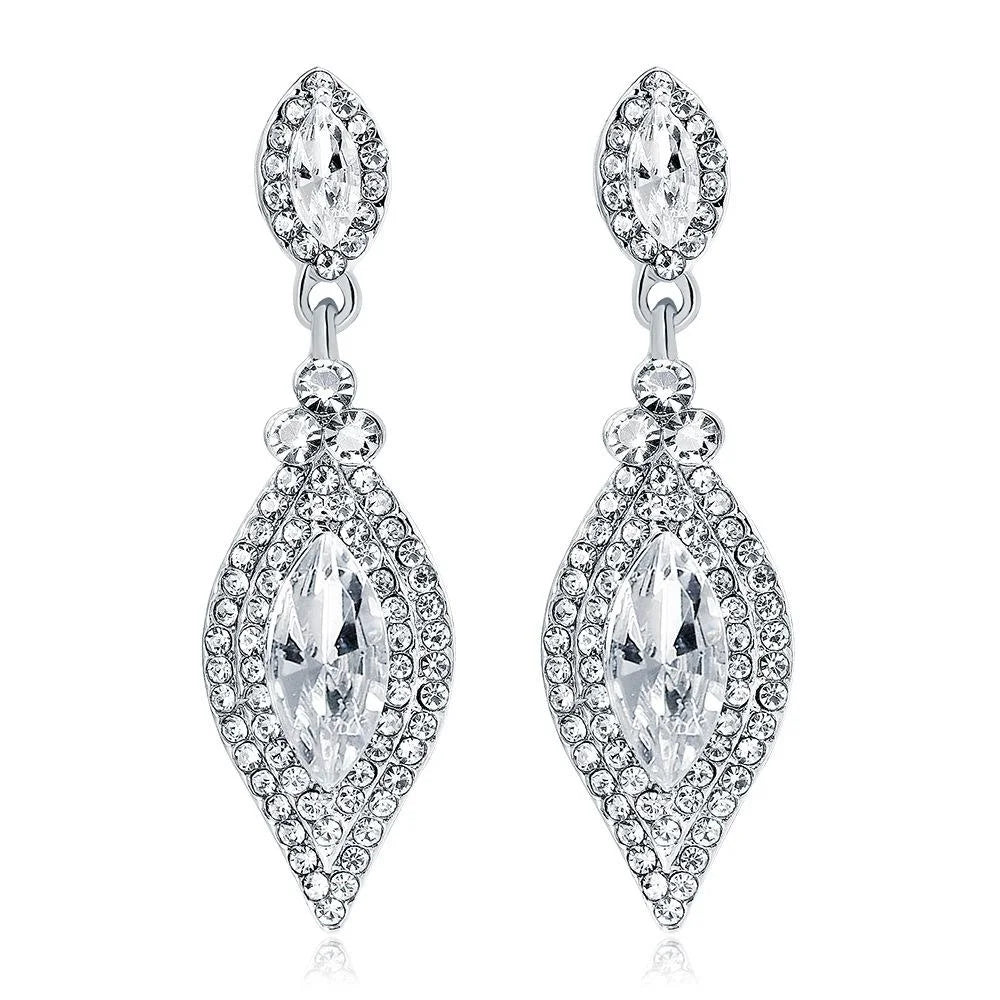 Luxury Rhinestone Crystal Teardrop Dangle Earrings, Elegant Silver Alloy Bridal Jewelry For Wedding Party