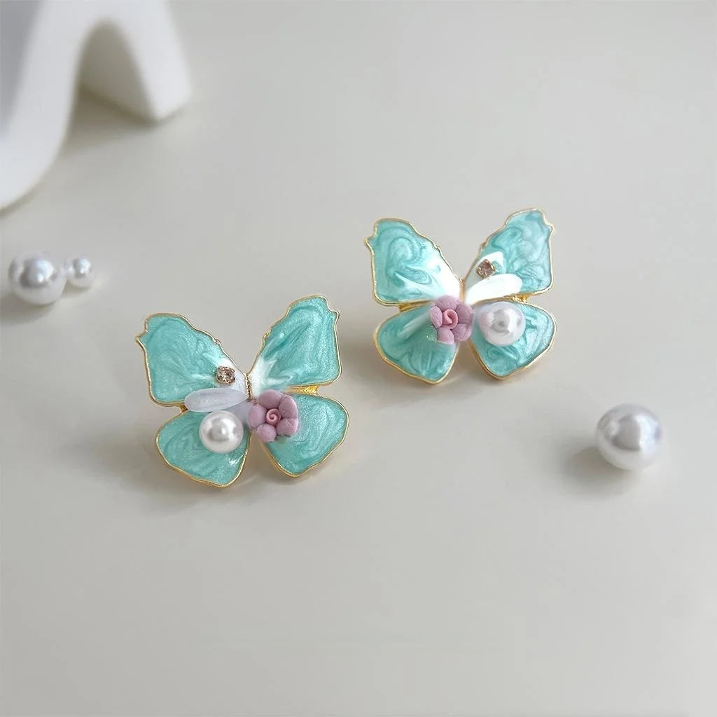 French Romantic Enamel Butterfly Stud Earrings Resin Ceramic Pearl Sweet Oil Painting Statement Jewelry