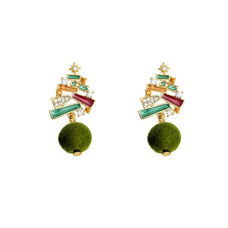 Christmas Tree Drop Earrings Micro Pave Zircon Hand Painted Enamel Flocked Pom Pom
