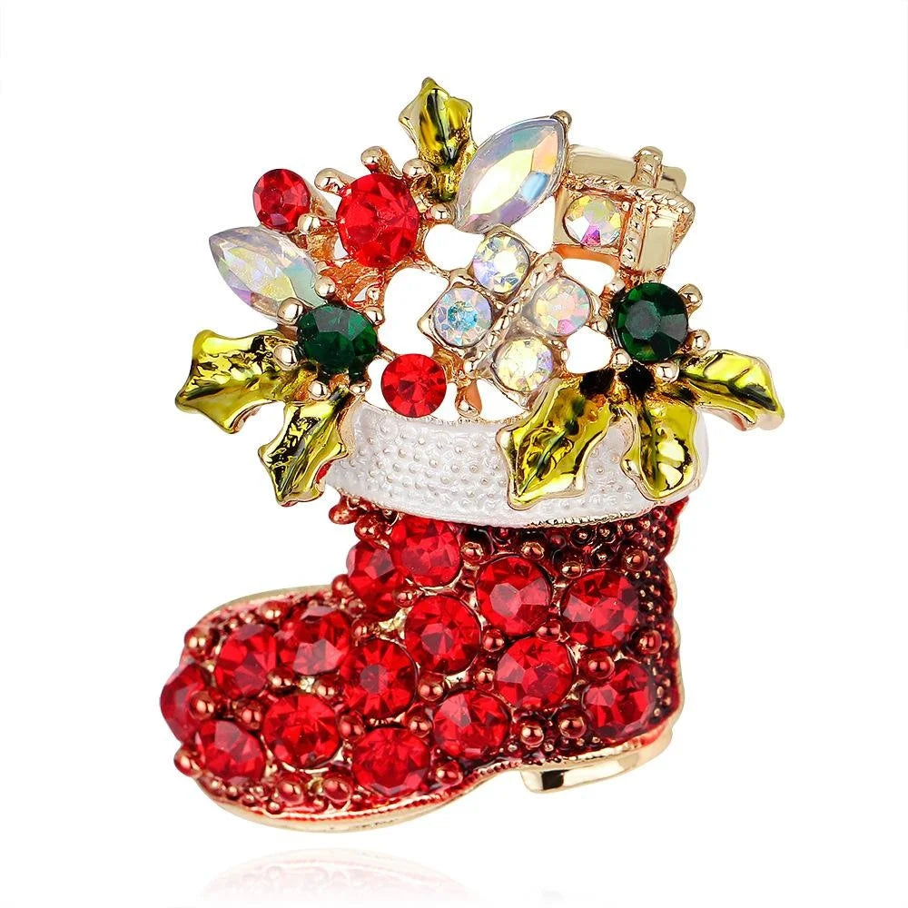 Luxury Christmas Boot Brooch With Red Rhinestones, Enamel Holly And Alloy Lapel Pin Corsage Gift