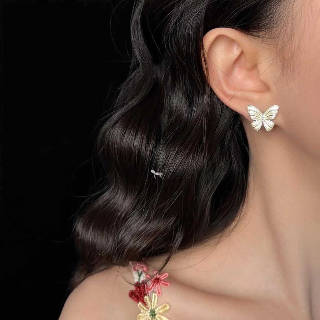 Elegant Micro Pave Zircon Butterfly Stud Earrings, Copper, Simple Sweet Style