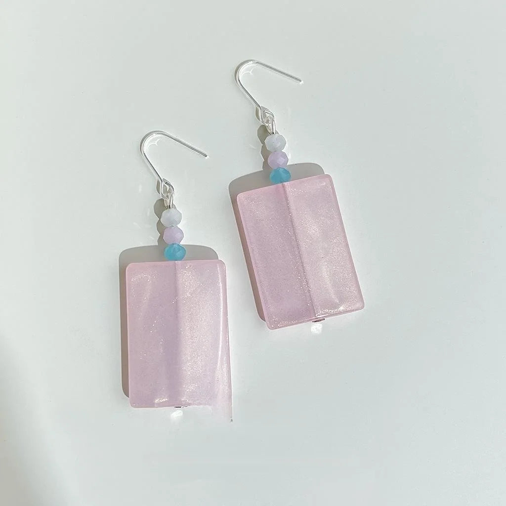 Fresh Sweet Pink Glass Crystal Geometric Rectangle Drop Earrings Vacation Style Handmade Jewelry