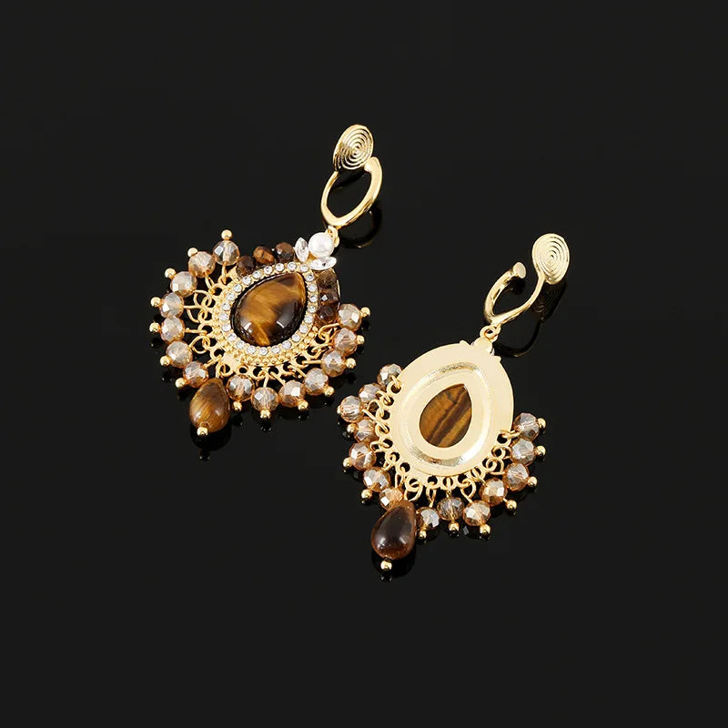 Vintage Ethnic Teardrop Tiger Eye Crystal Pearl Tassel Stud & Clip On No Piercing Earrings