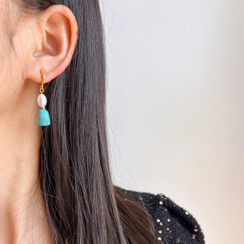 Elegant Irregular Turquoise Stone Freshwater Pearl Spiral Stud & Clip On No Piercing Drop Earrings