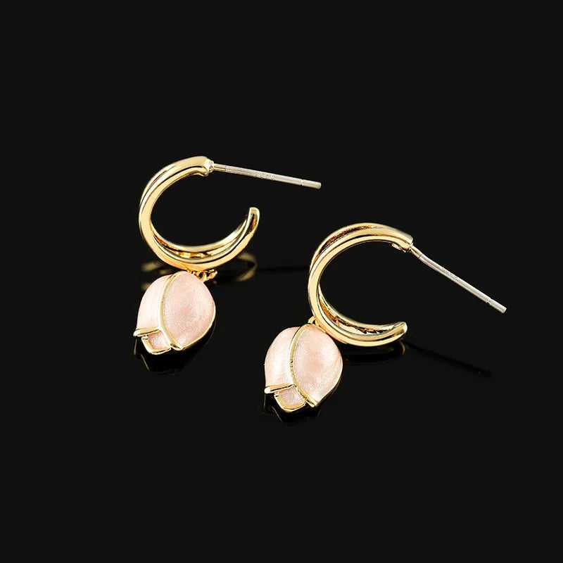Elegant Pink Enamel Rose Flower Alloy Drop Stud & Clip On No Piercing Spiral Disc Dangle Earrings