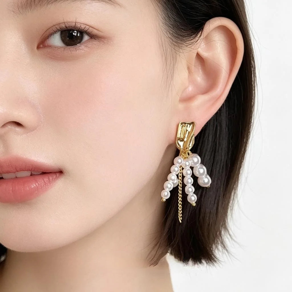 French Vintage 14K Plated High Shine Pearl Tassel Drop Earrings Handmade Geometric Design for Women