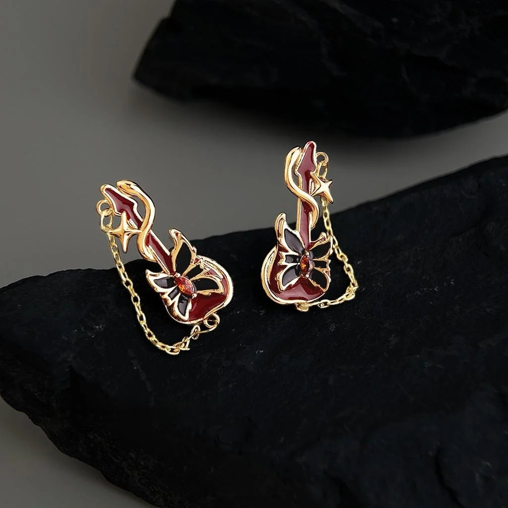 Niche Designer Copper Zircon Geometric Guitar Music Note Tassel Stud Earrings