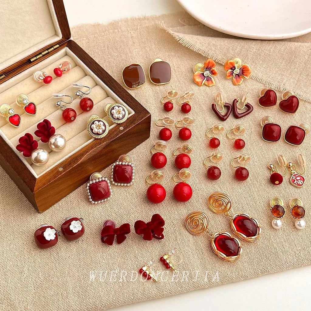 French Retro Gold Plated Copper Burgundy Enamel Geometric Clip On Drop Earrings