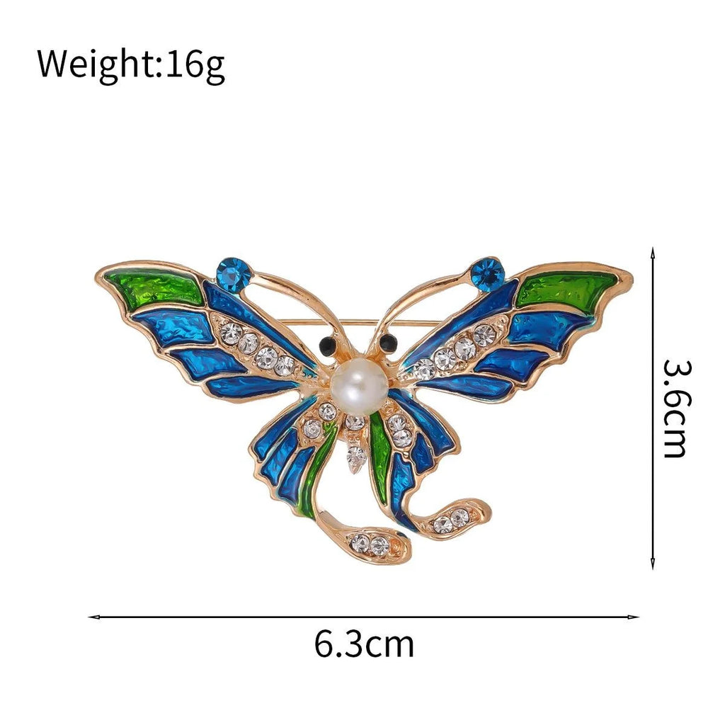 Vintage Blue Green Enamel Butterfly Brooch With Rhinestones And Faux Pearl, Elegant Lapel Pin Gift