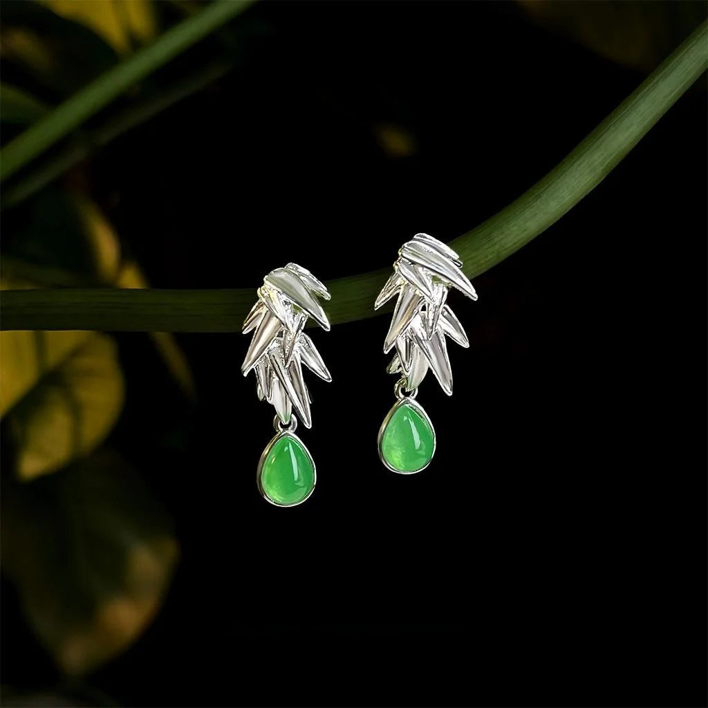 Vintage Silver Plated Copper Bamboo Leaf Drop Earrings New Chinese Ethnic Style Jewelry