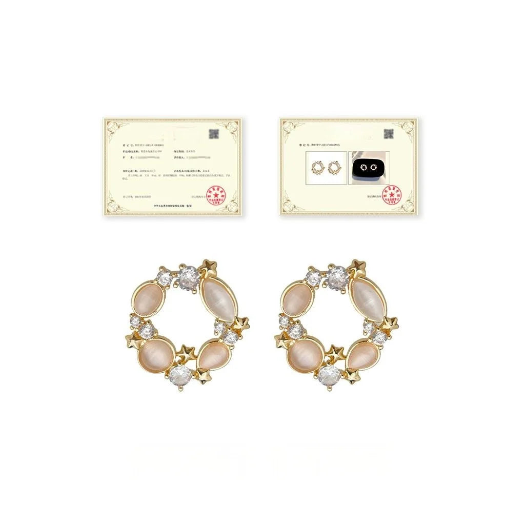 14K Plated Eco Copper Glass Cat Eye Flower Stud Earrings Micro Pave Zircon Light Luxury Jewelry