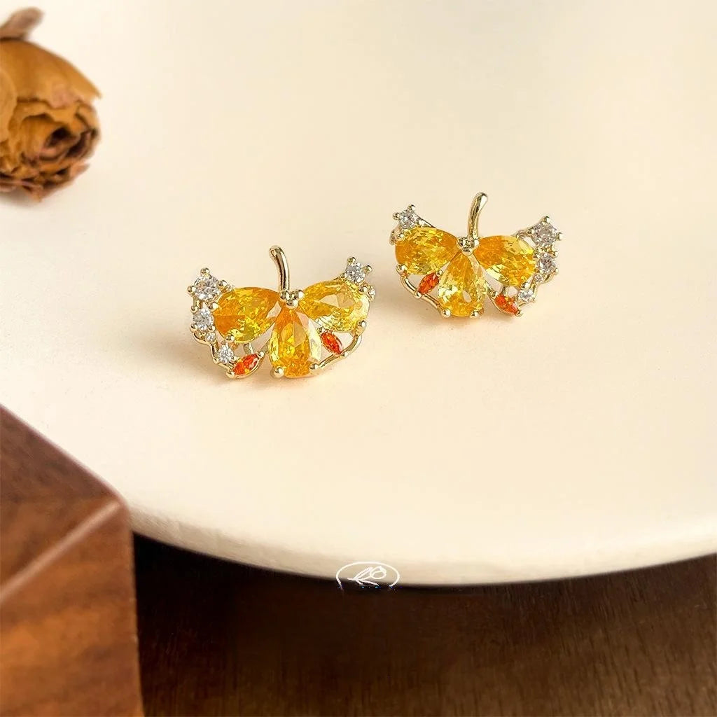 2025 New 14K Gold Plated Copper Ginkgo Leaf Zircon Stud Earrings For Fashion Office Wear