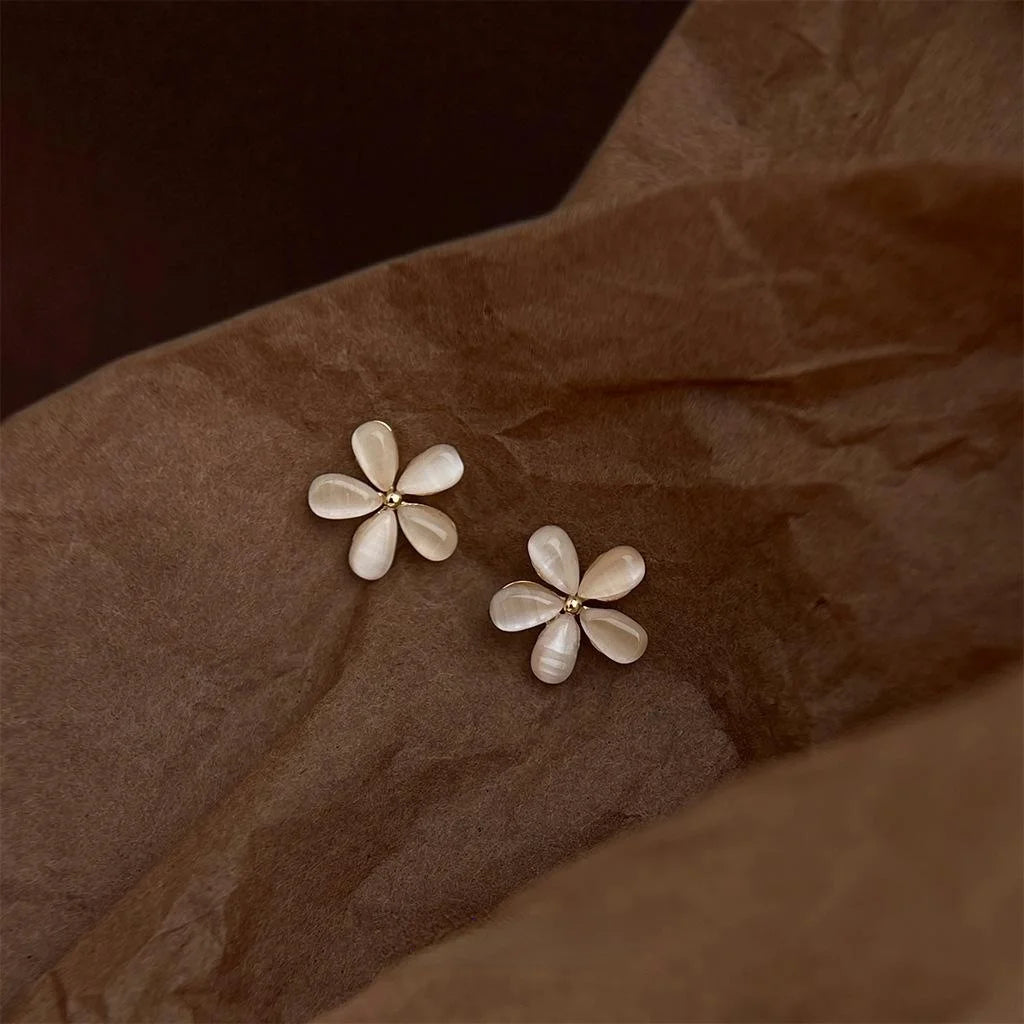 14K Gold Plated Copper Glass Cat Eye Flower Stud Earrings Sweet Forest Style Jewelry