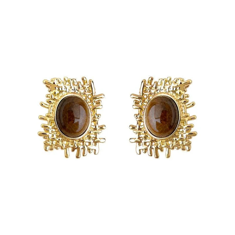 Maillard Style Tiger Eye Natural Stone Geometric Oval Mesh Drop Earrings For Women