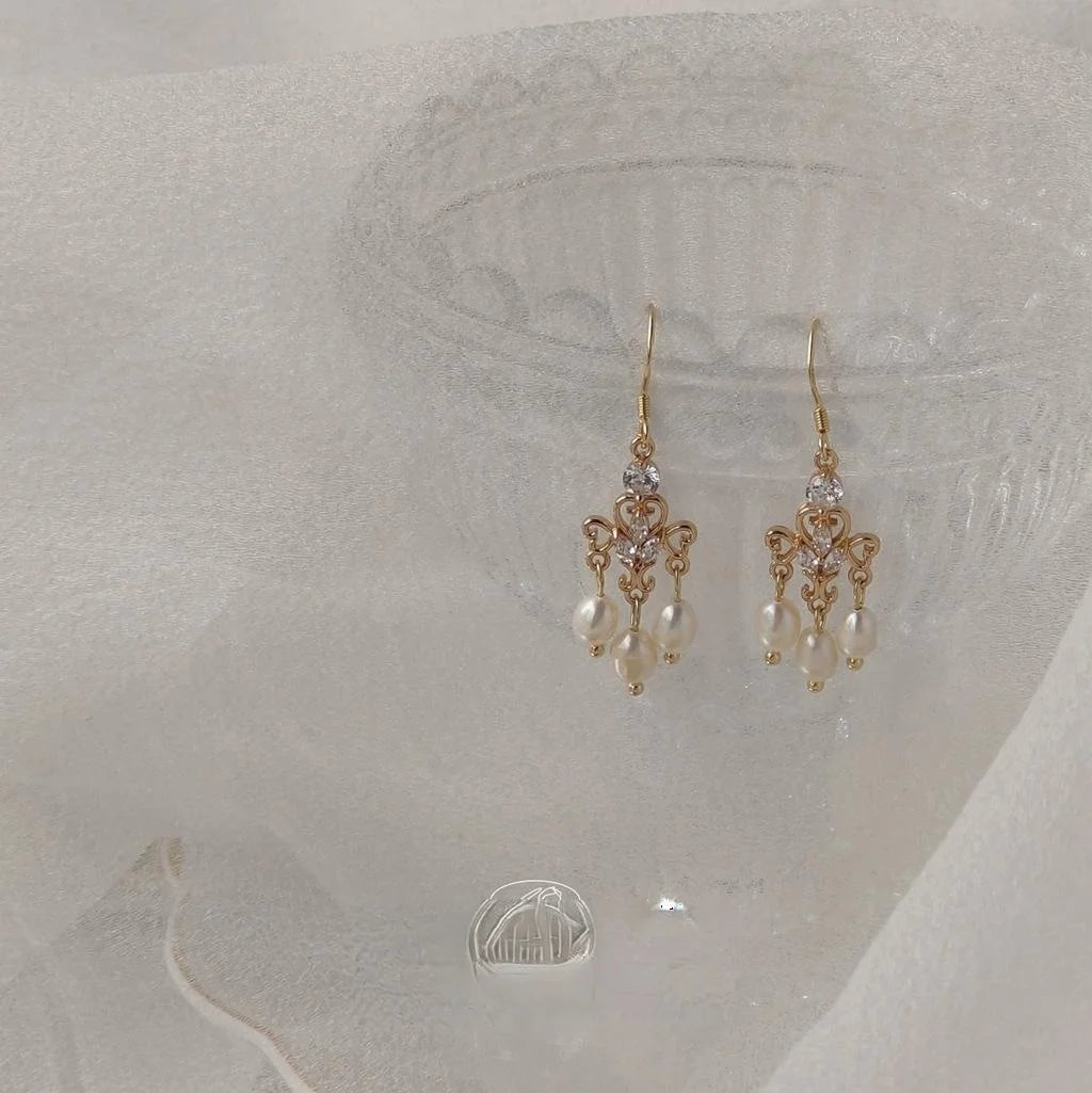Vintage Palace Style Freshwater Pearl Drop Earrings 14K Gold Plated Copper Geometric Handmade Jewelry